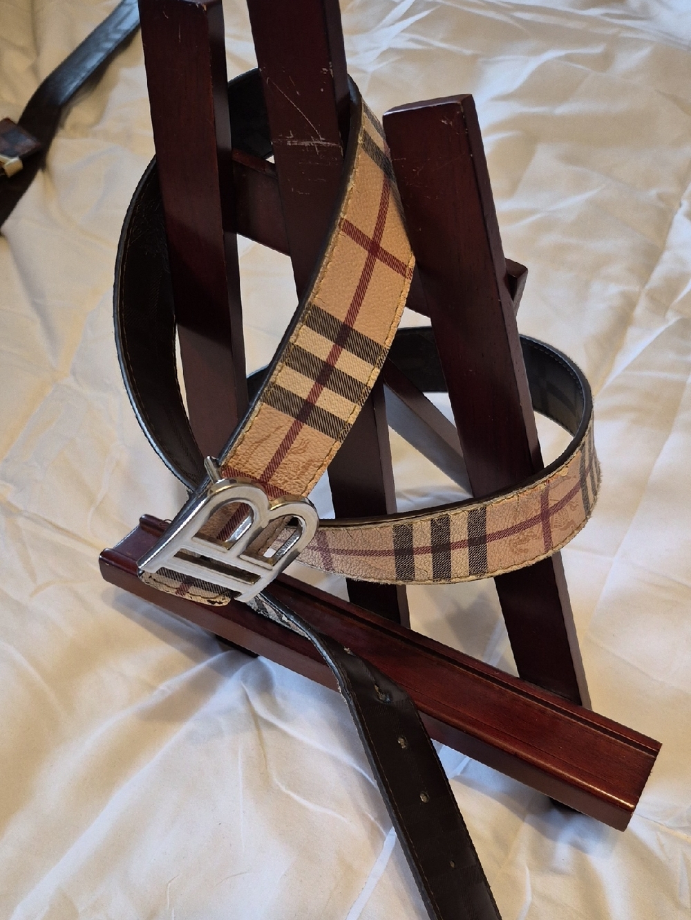 Burberry Beige Plaid Men’s Belt with Silver B Buckle